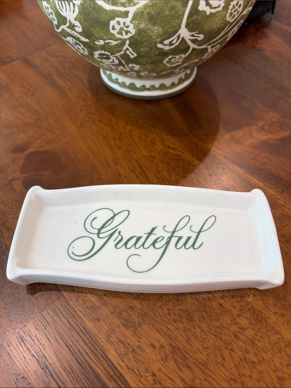 White Ceramic Tray with Green 'Grateful' Script Accent